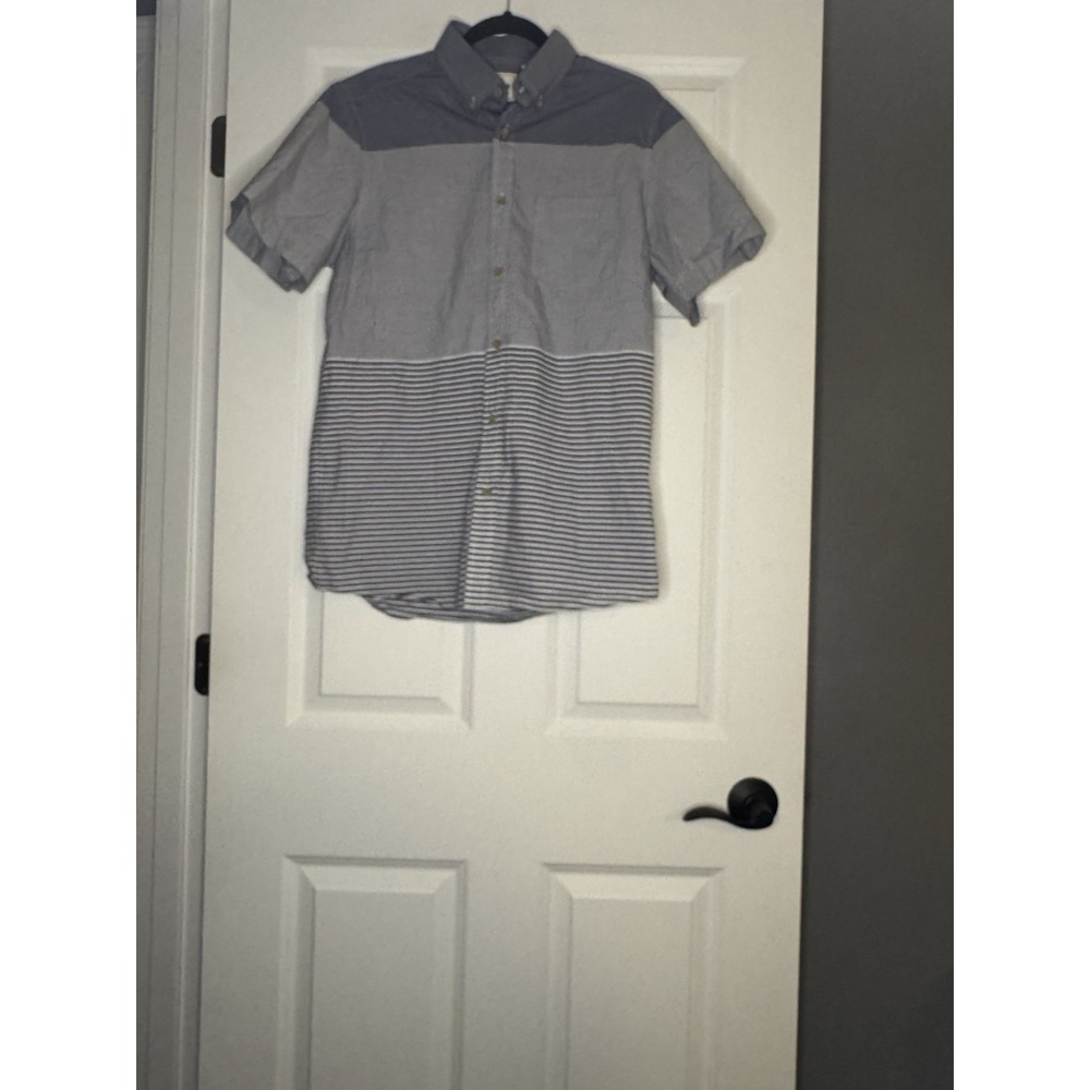 Romwe Men's Short Sleeve Colorblock Striped Button Down Medium